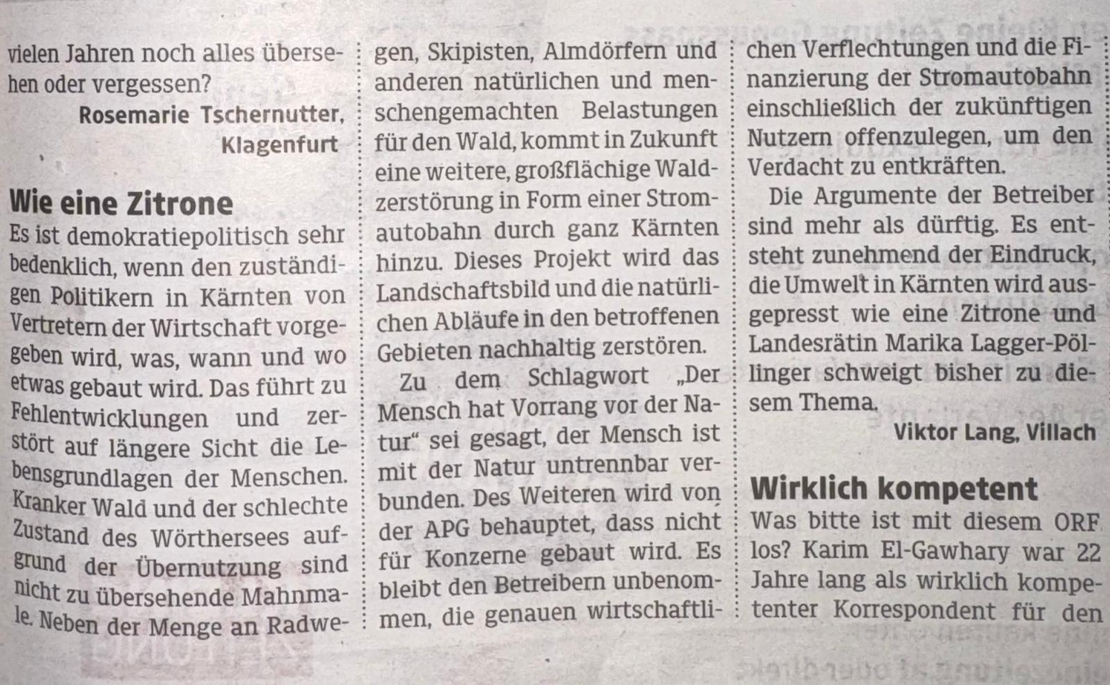 Leserbrief Kleine Zeitung 28.6.